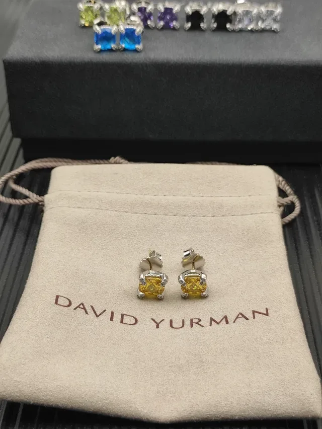 Yellow Silver Square-Cut Gemstone Four-Prong Basket Setting Earrings 5