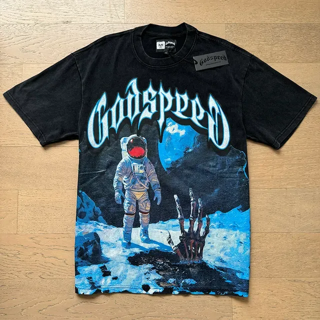 T-shirt noir Godspeed imprimé graphique astronaute 5
