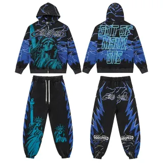 Godspeed Black Blue Graphic-Print Lightning Motif Tracksuit