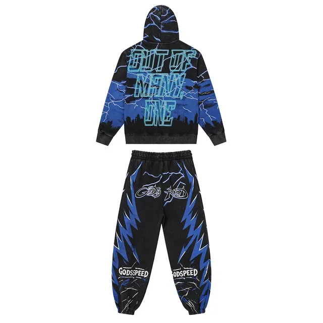 Godspeed Black Blue Graphic-Print Lightning Motif Tracksuit 3