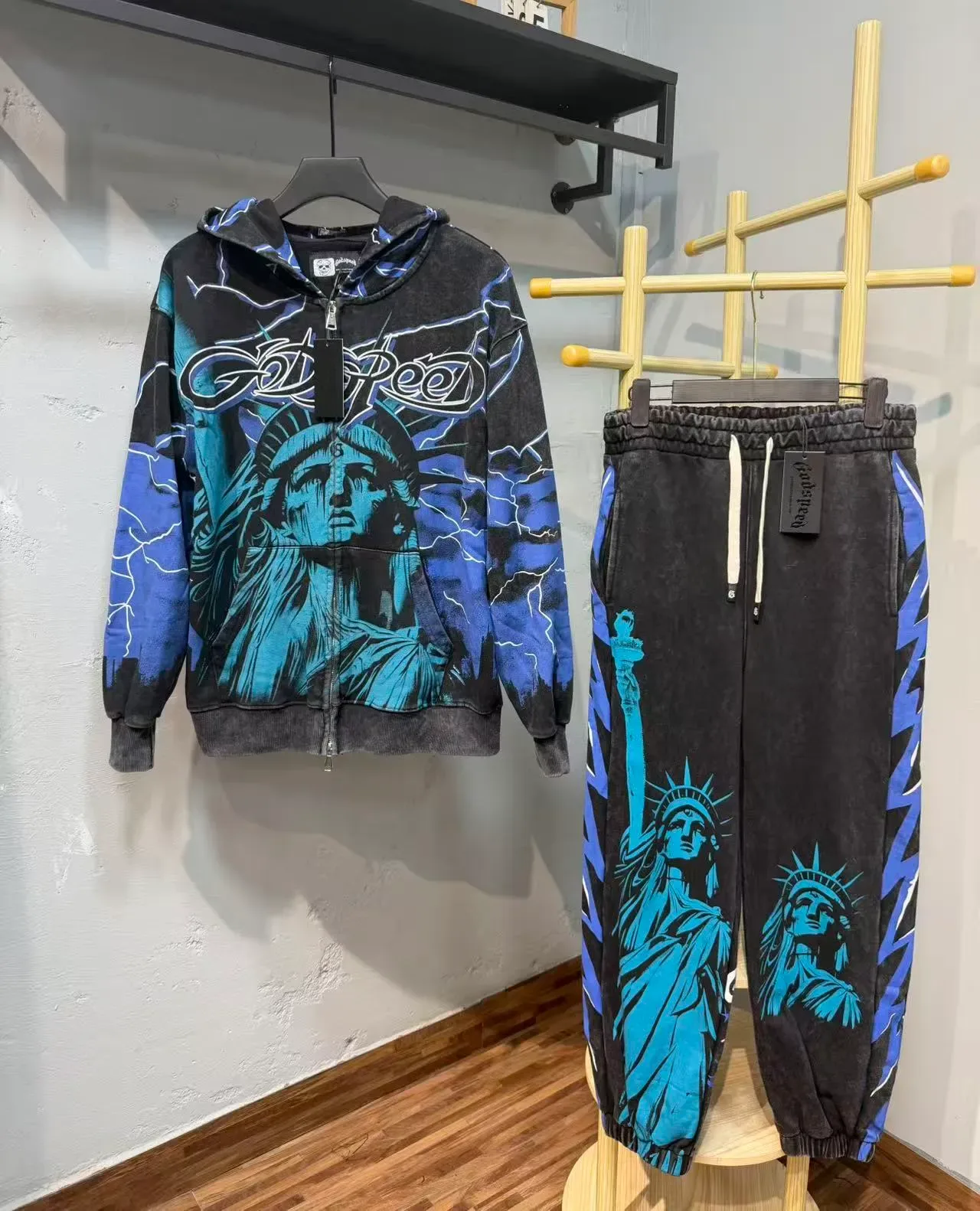 Godspeed Black Blue Graphic-Print Lightning Motif Tracksuit 4