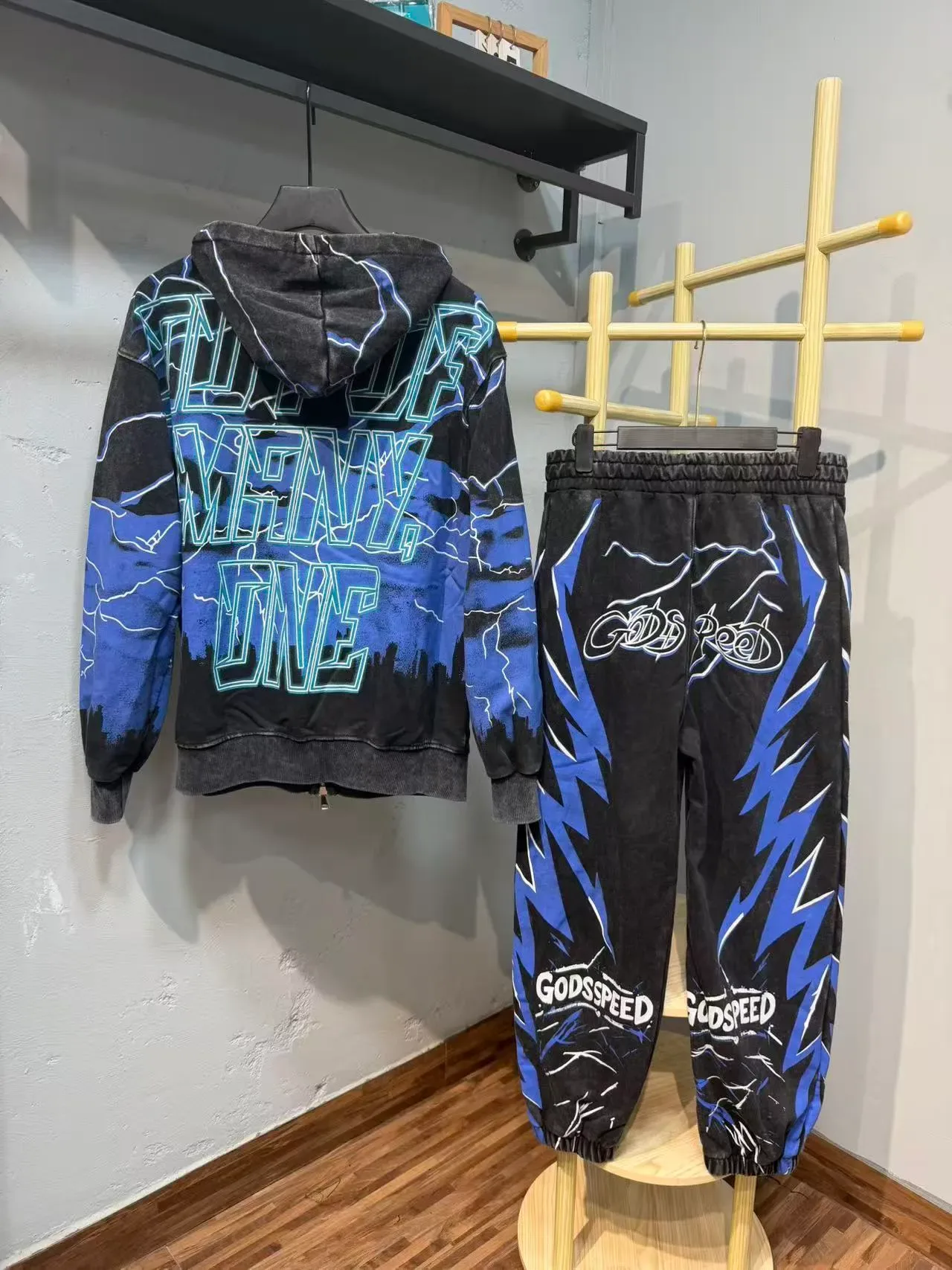 Godspeed Black Blue Graphic-Print Lightning Motif Tracksuit 5
