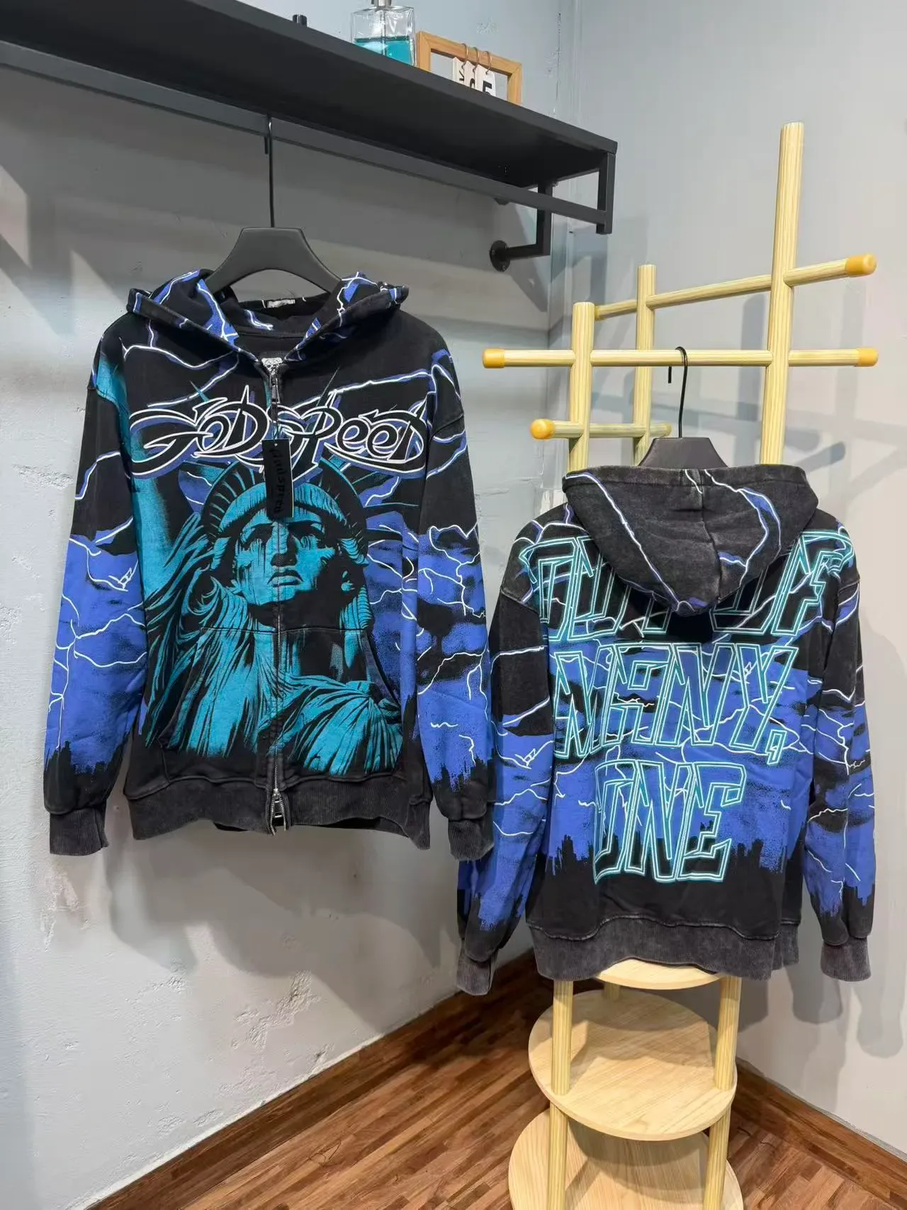 Godspeed Black Blue Graphic-Print Lightning Motif Tracksuit 6