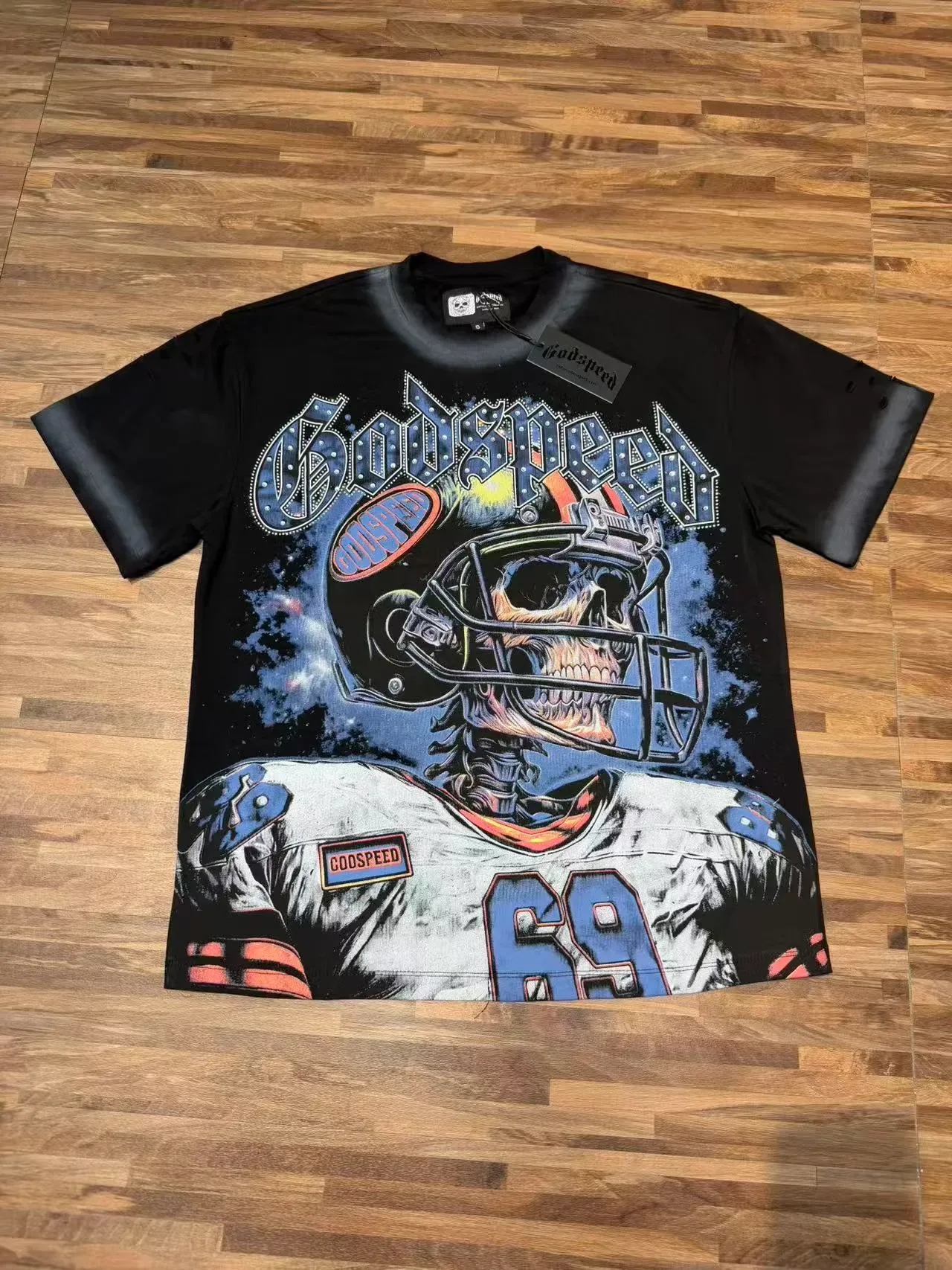 T-shirt Godspeed imprimé graphique squelette casque de football américain 4