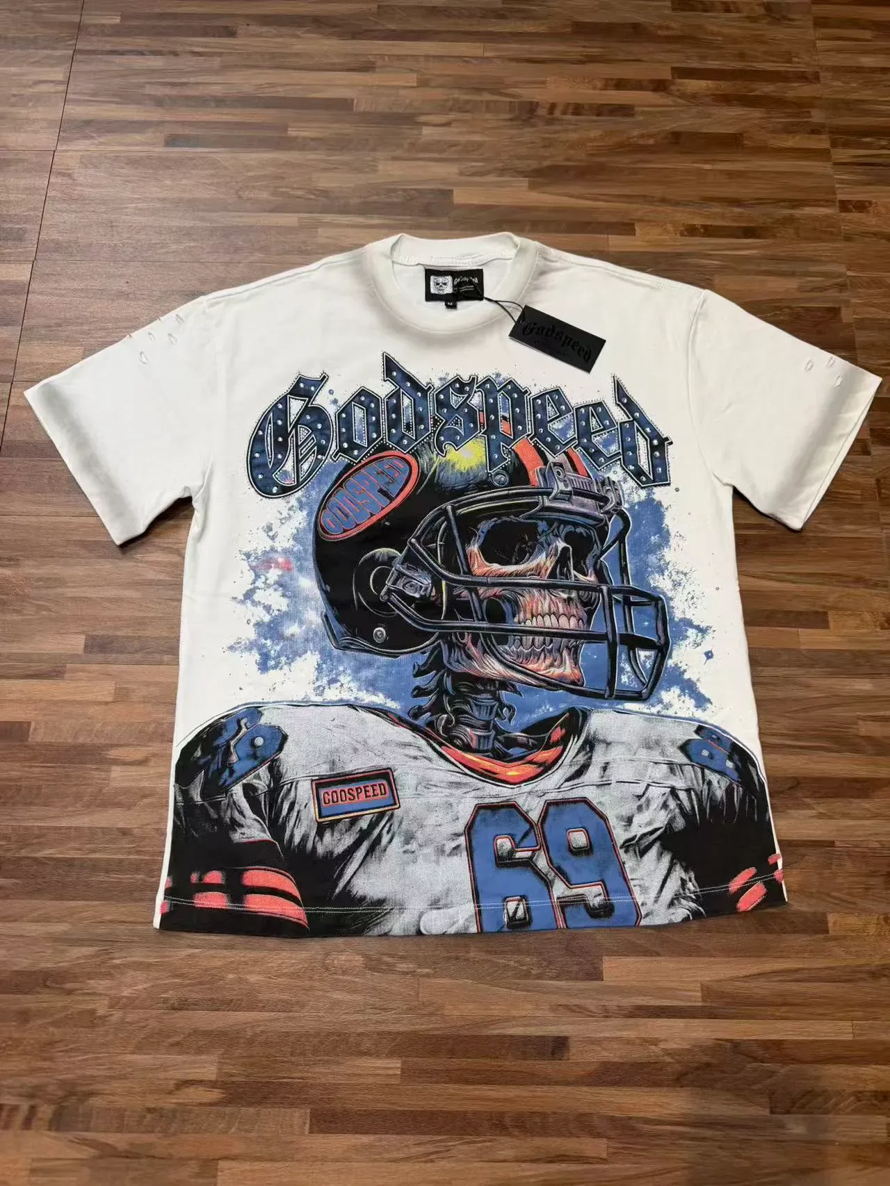T-shirt Godspeed imprimé graphique squelette casque de football américain 7