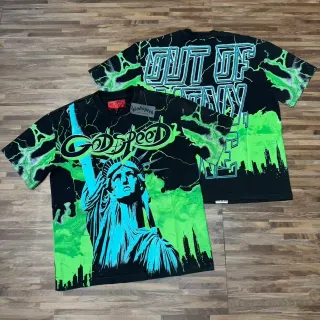 Godspeed Graphic Print Neon Lightning Statue of Liberty T-Shirt
