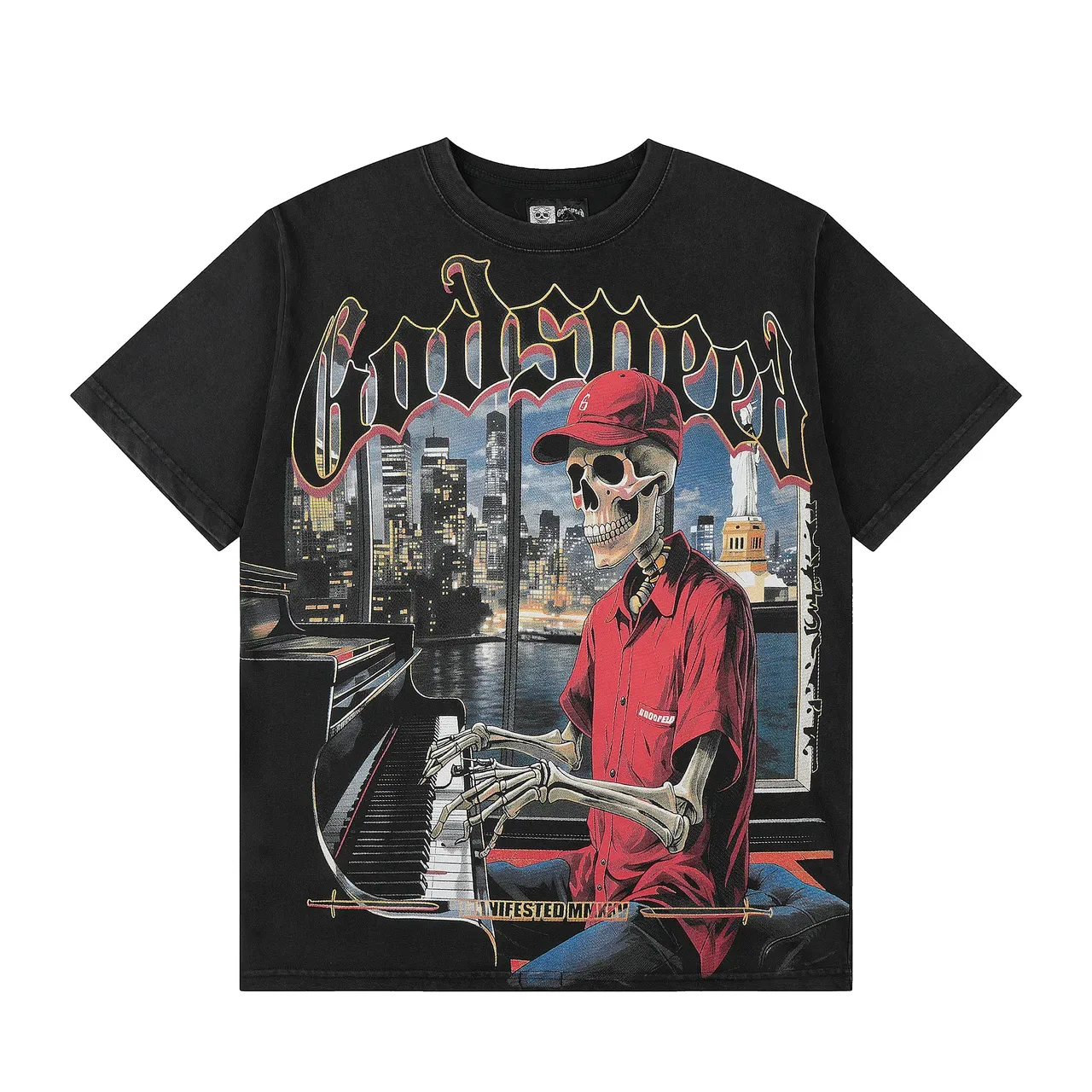 Camiseta preta Godspeed Manifested MMXXIV estampa gráfica 2