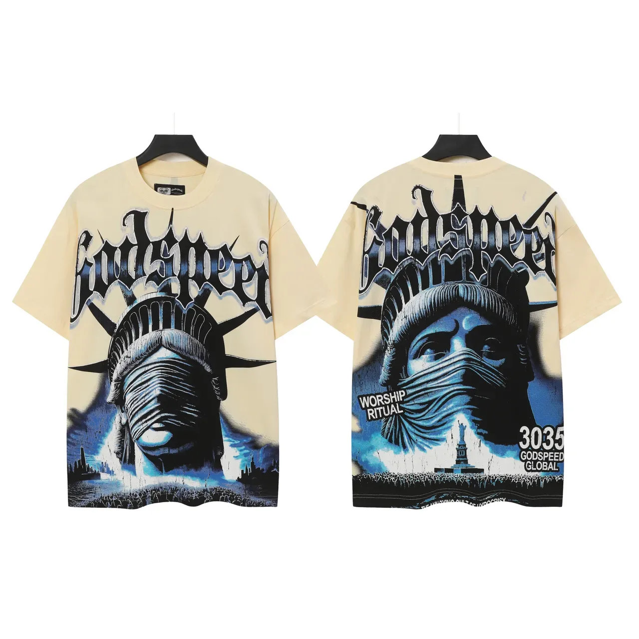T-shirt crème Godspeed imprimé graphique Statue de la Liberté 4