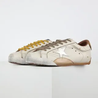 Golden Goose Superstar Bege Prata Couro Desgastado Logotipo Estrela Metálico Sneakers Lifestyle