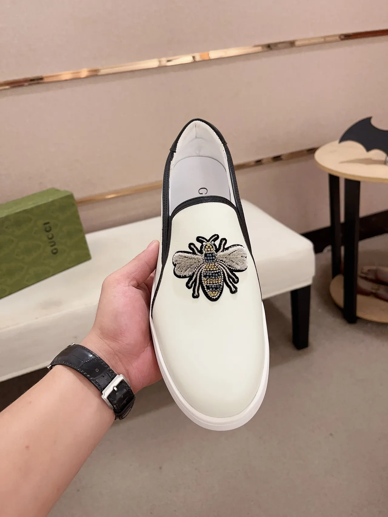 Gucci Ace Loafer White Black Embroidered Bee Leather Slip-On Loafer 2