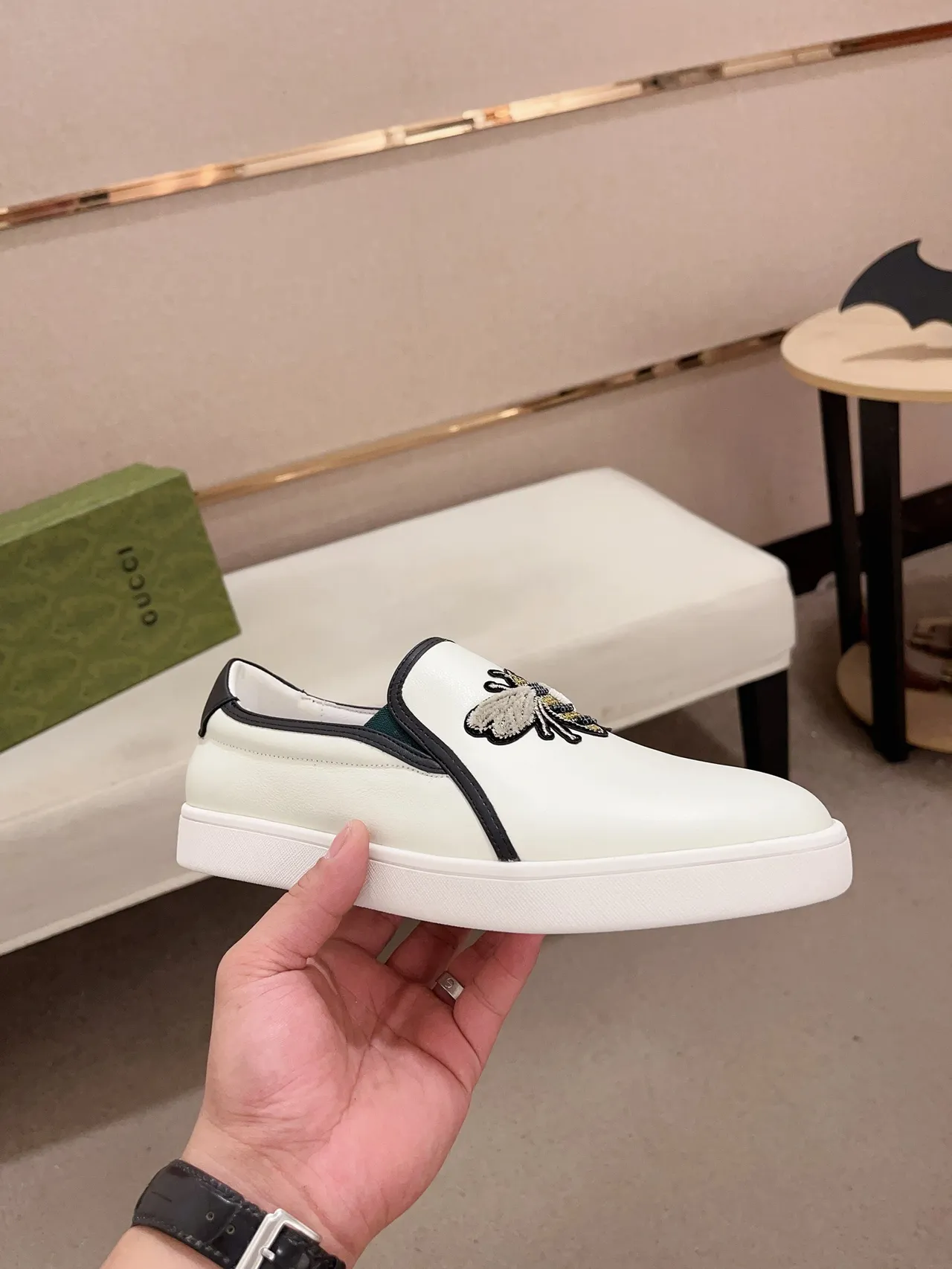 Gucci Ace Loafer White Black Embroidered Bee Leather Slip-On Loafer 4
