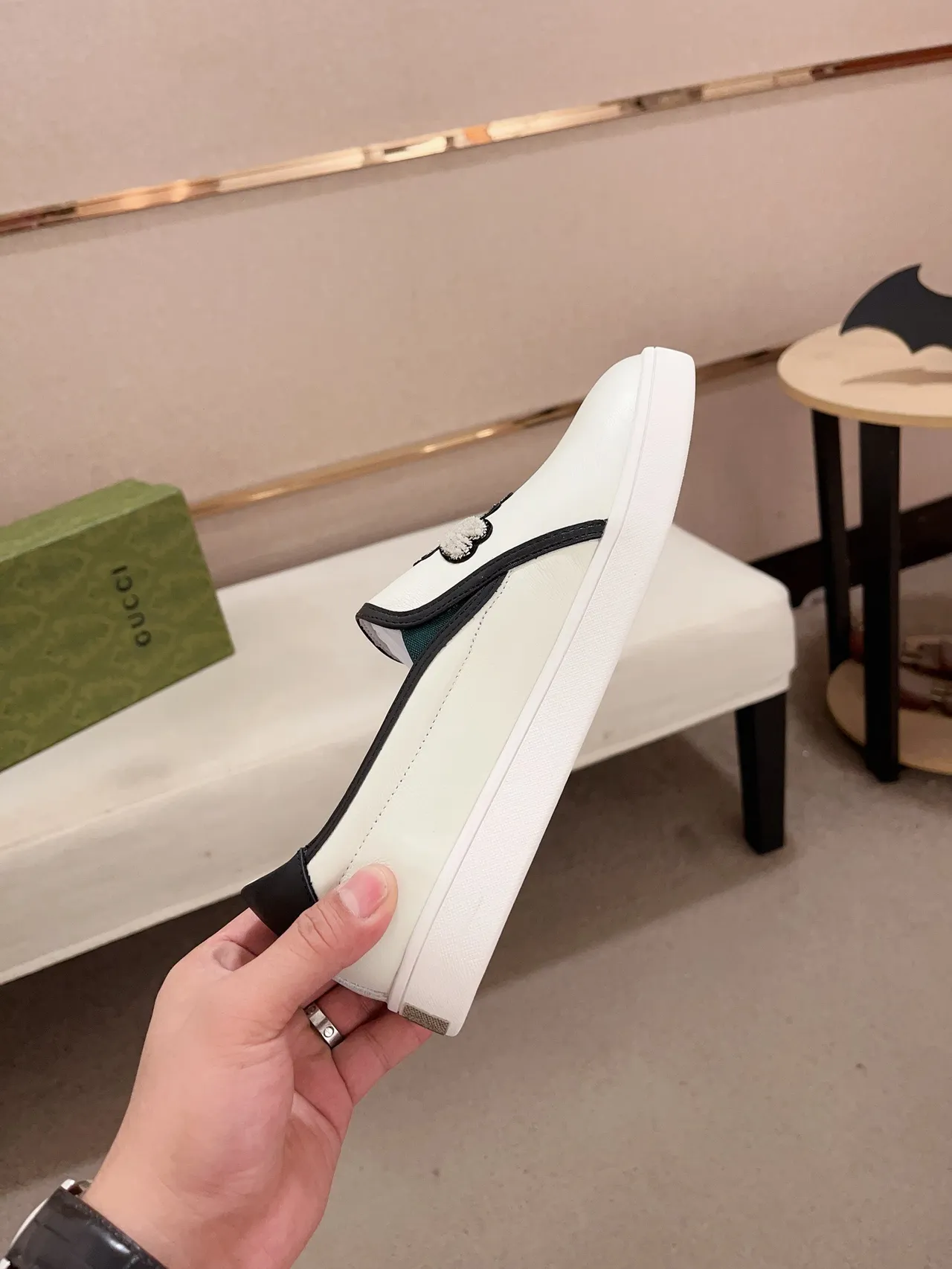 Gucci Ace Loafer White Black Embroidered Bee Leather Slip-On Loafer 5