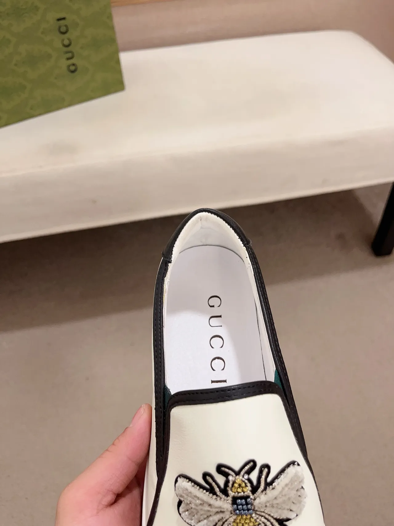 Gucci Ace Loafer White Black Embroidered Bee Leather Slip-On Loafer 6