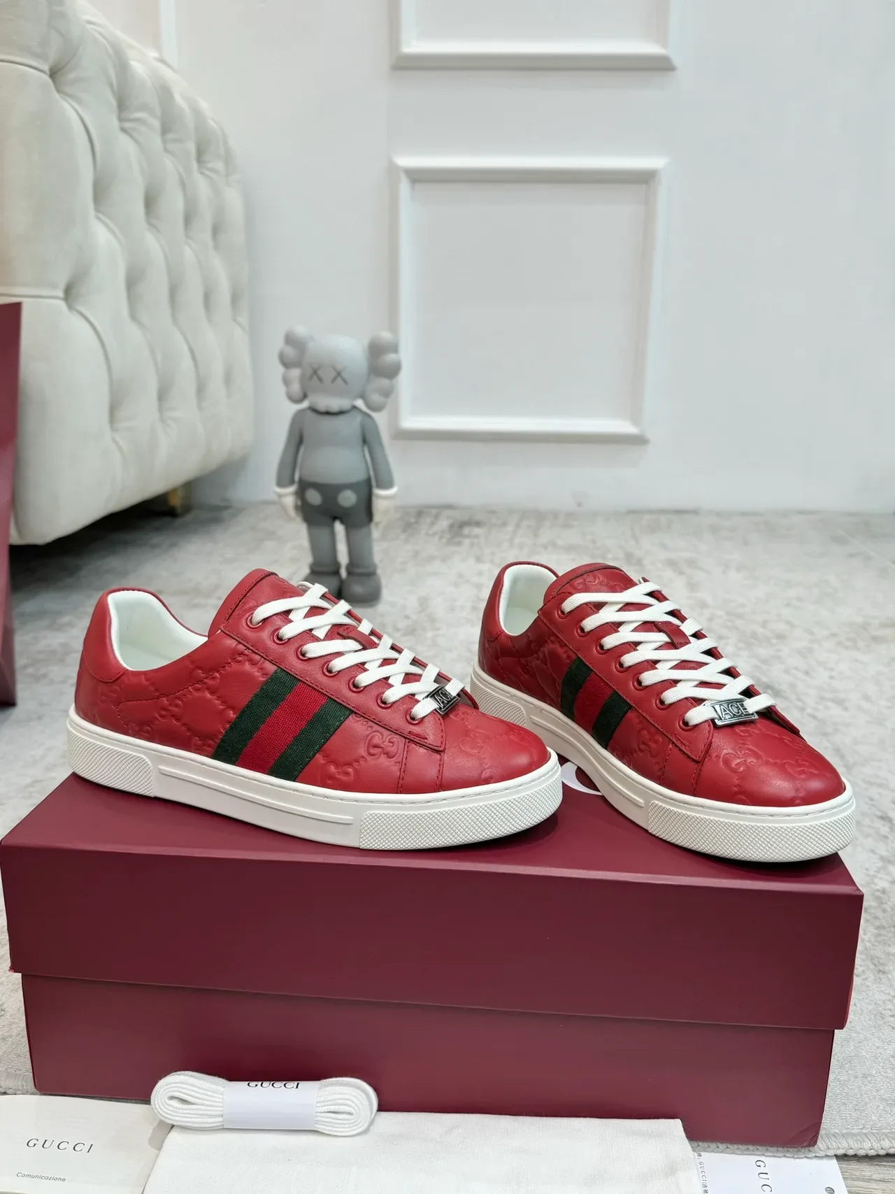 Gucci Ace Red Embossed GG Web Stripe Lifestyle Sneakers 3