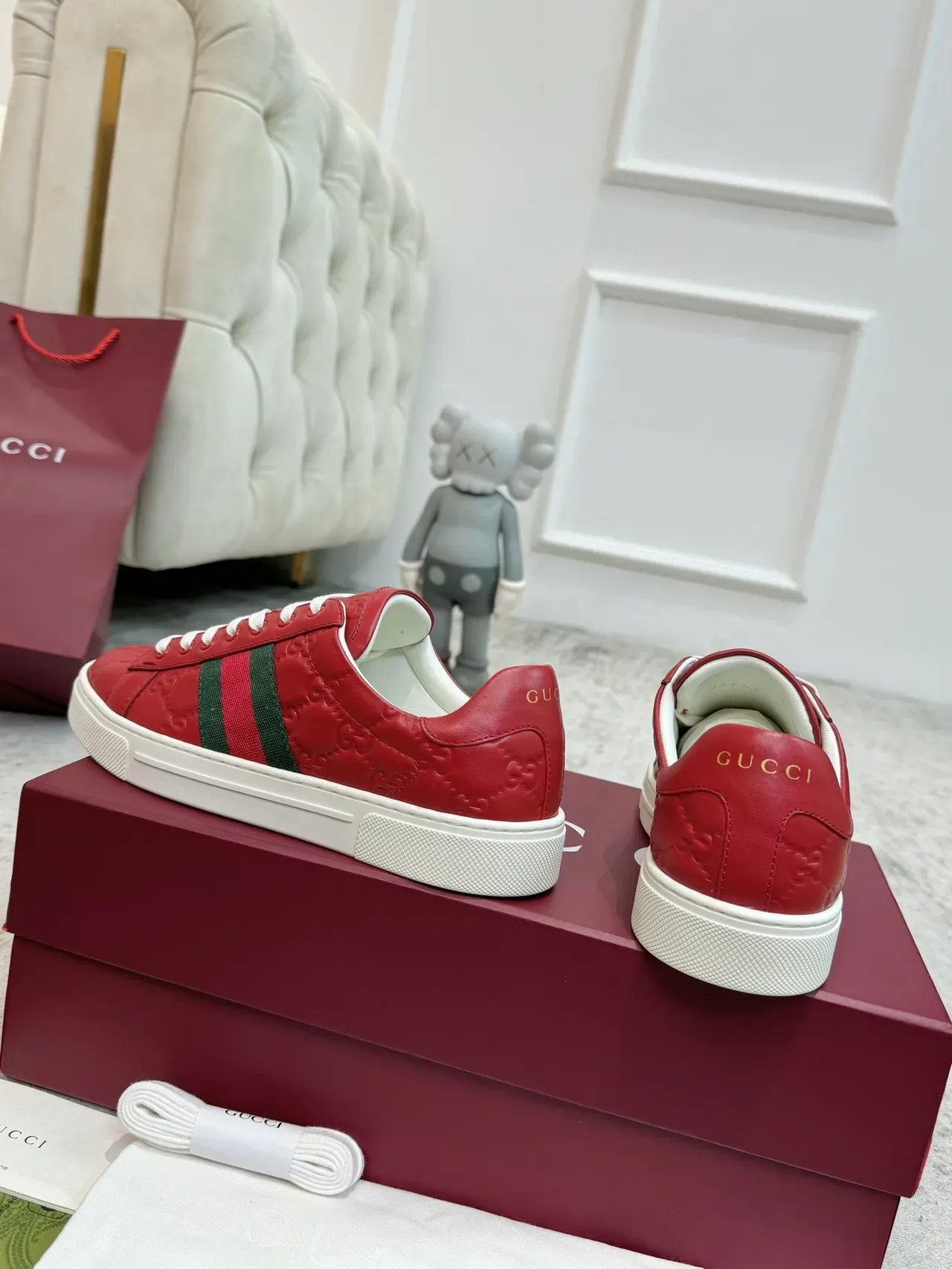 Gucci Ace Red Embossed GG Web Stripe Lifestyle Sneakers 4