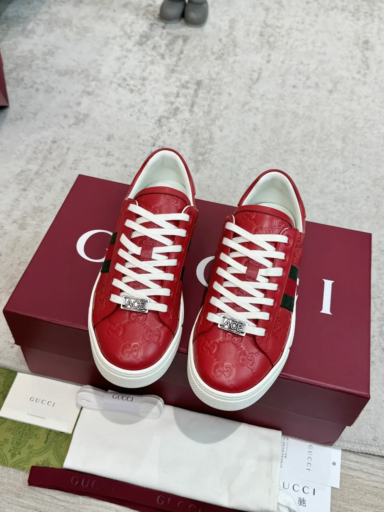 Gucci Ace Red Embossed GG Web Stripe Lifestyle Sneakers 5