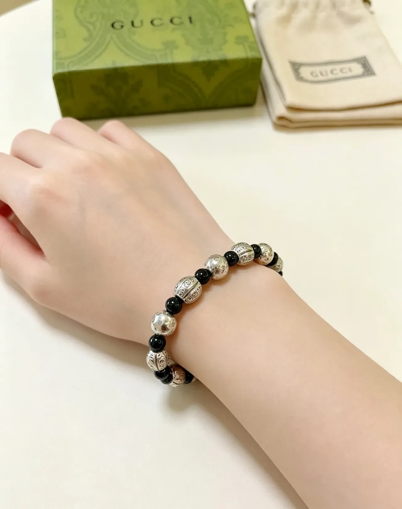 Gucci Beaded Engraved Silver and Black Bracelet 8
