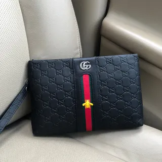 Gucci Bee Black Red GG Supreme Embossed Leather Web Stripe Center Panel Wristlet