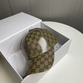 古驰米棕色GG印花帆布皮革品牌牌棒球帽