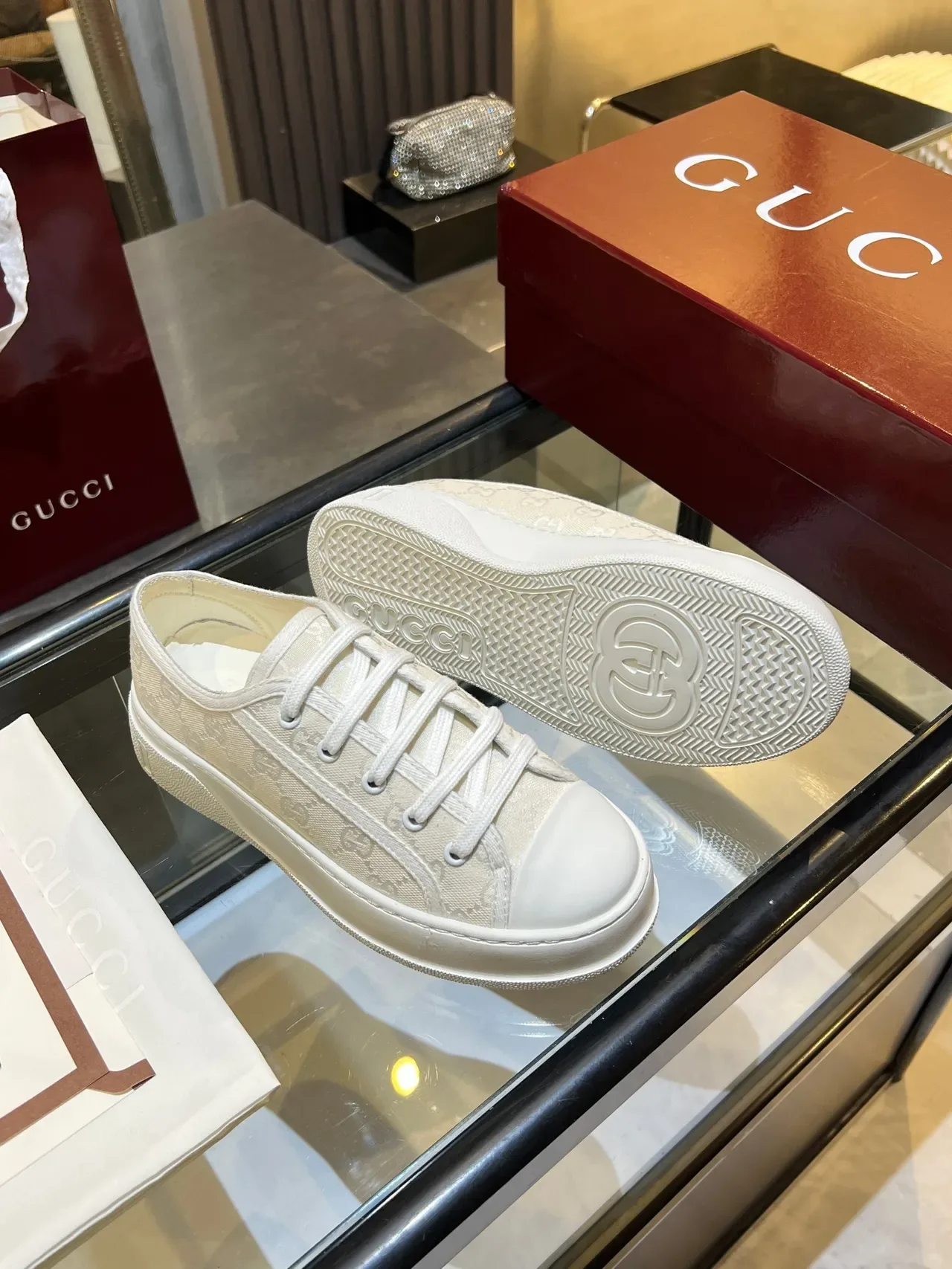 Gucci Beige GG Monogram Jacquard Upper Platform Sole Lifestyle Sneakers 2