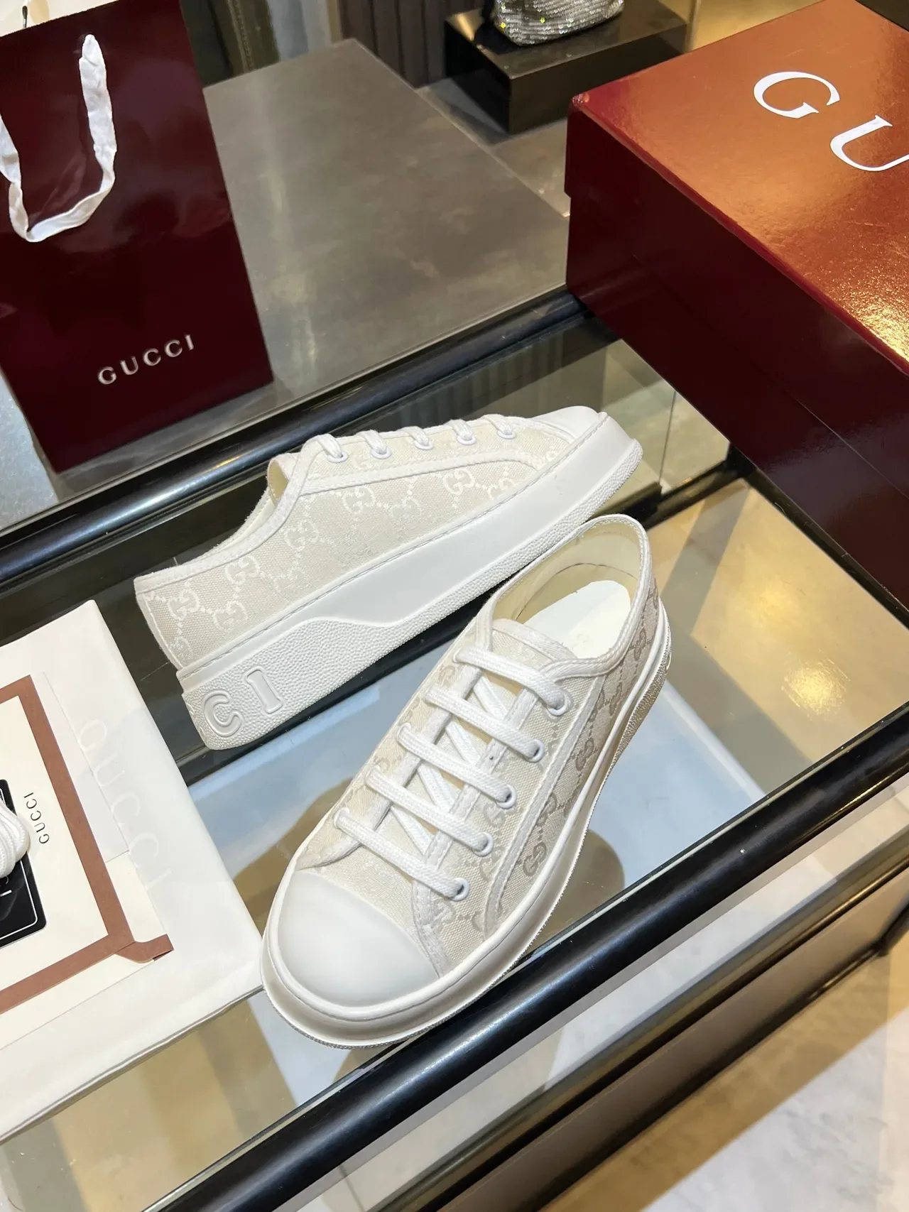 Gucci Beige GG Monogram Jacquard Upper Platform Sole Lifestyle Sneakers 3
