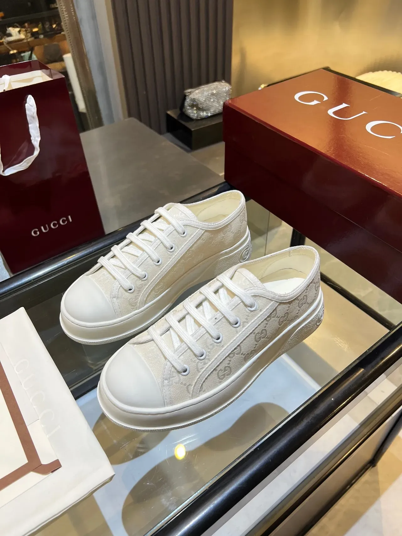 Gucci Beige GG Monogram Jacquard Upper Platform Sole Lifestyle Sneakers 4