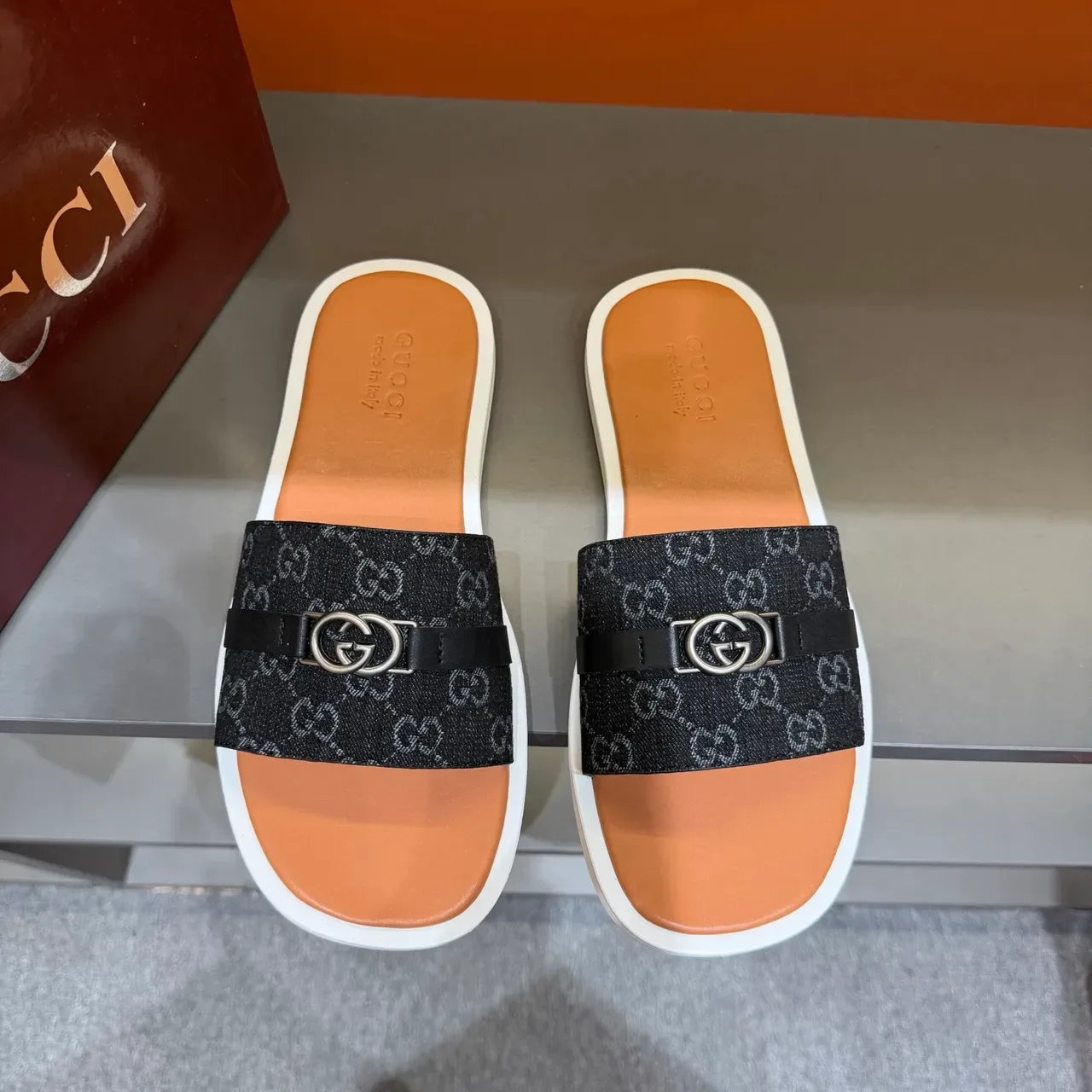 Gucci Black Beige GG Monogram Canvas Strap Interlocking G Metal Buckle Slippers 3