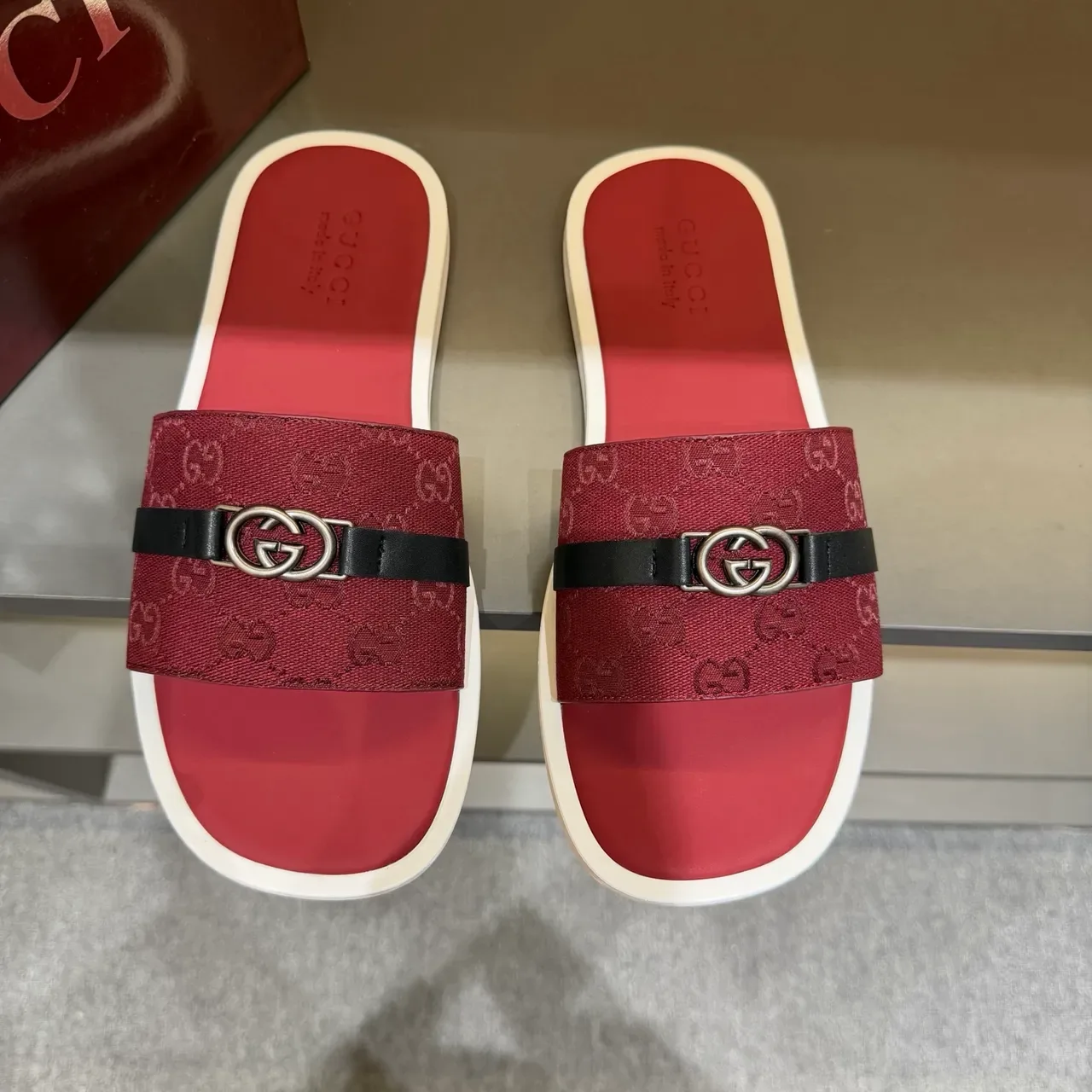 Gucci Black Beige GG Monogram Canvas Strap Interlocking G Metal Buckle Slippers 4