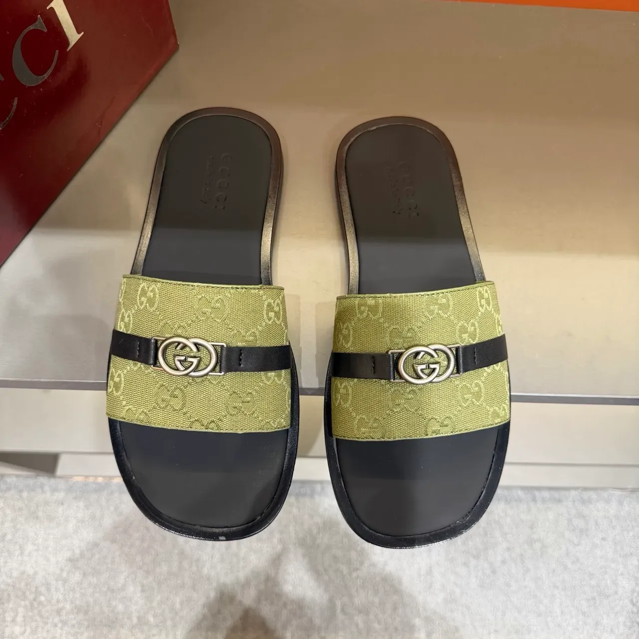 Gucci Black Beige GG Monogram Canvas Strap Interlocking G Metal Buckle Slippers 5
