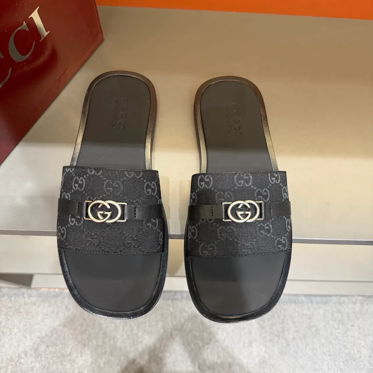 Gucci Black Beige GG Monogram Canvas Strap Interlocking G Metal Buckle Slippers 6