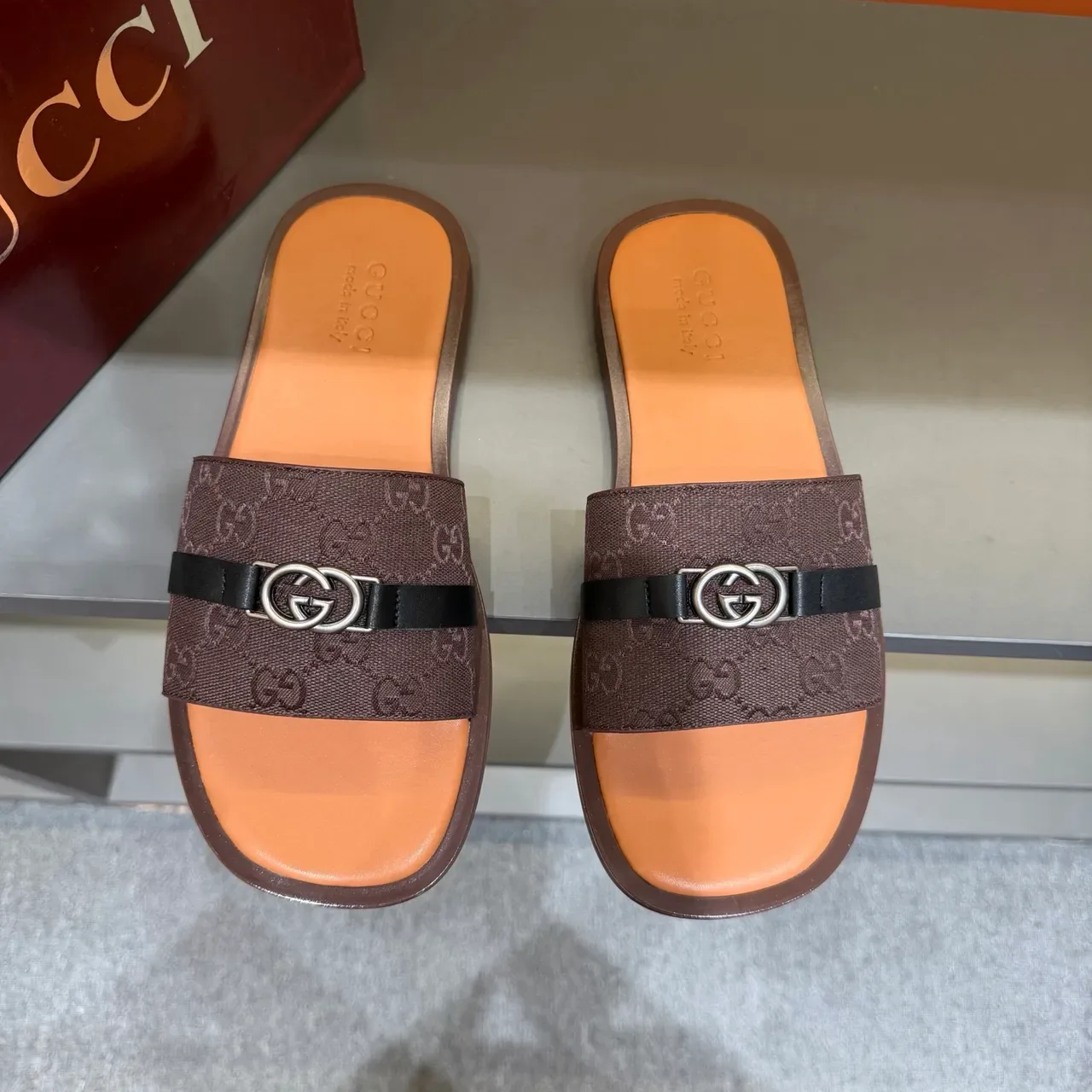 Gucci Black Beige GG Monogram Canvas Strap Interlocking G Metal Buckle Slippers 7