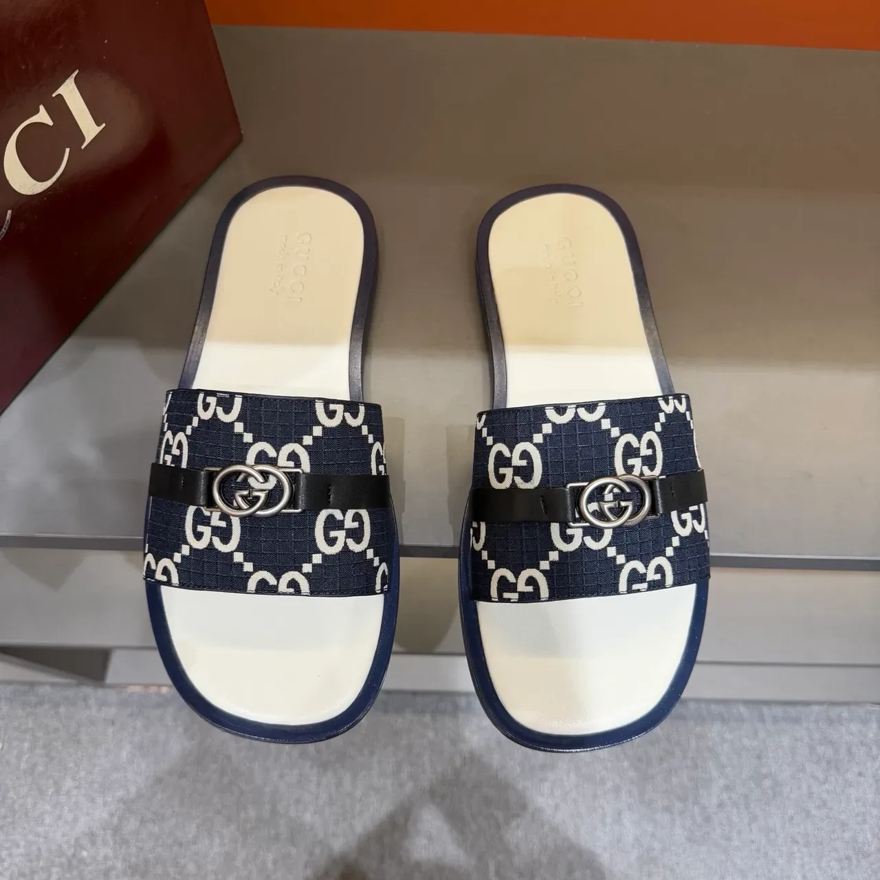 Gucci Black Beige GG Monogram Canvas Strap Interlocking G Metal Buckle Slippers 8
