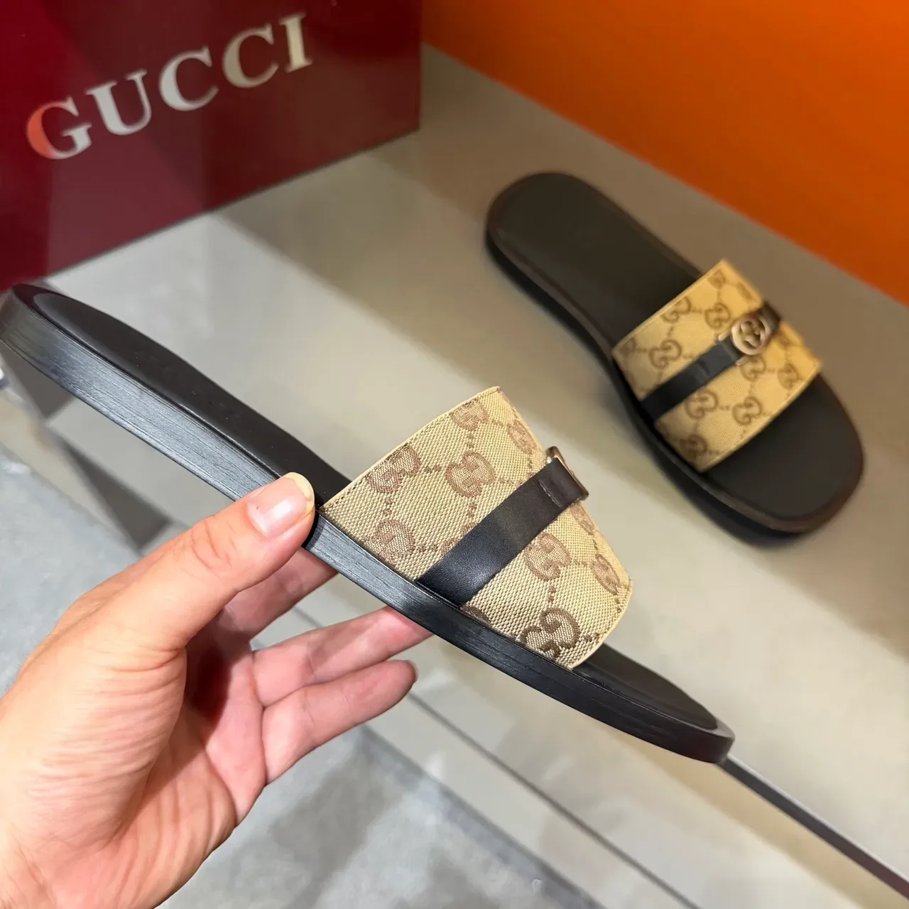 Gucci Black Beige GG Monogram Canvas Strap Interlocking G Metal Buckle Slippers 11