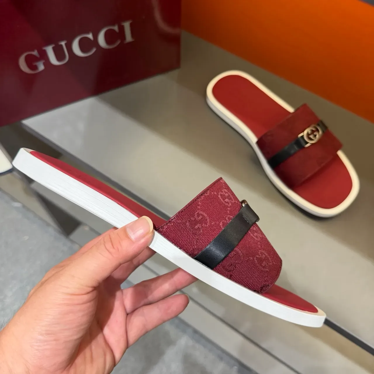 Gucci Black Beige GG Monogram Canvas Strap Interlocking G Metal Buckle Slippers 13
