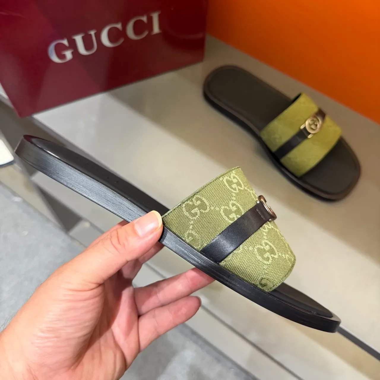 Gucci Black Beige GG Monogram Canvas Strap Interlocking G Metal Buckle Slippers 14