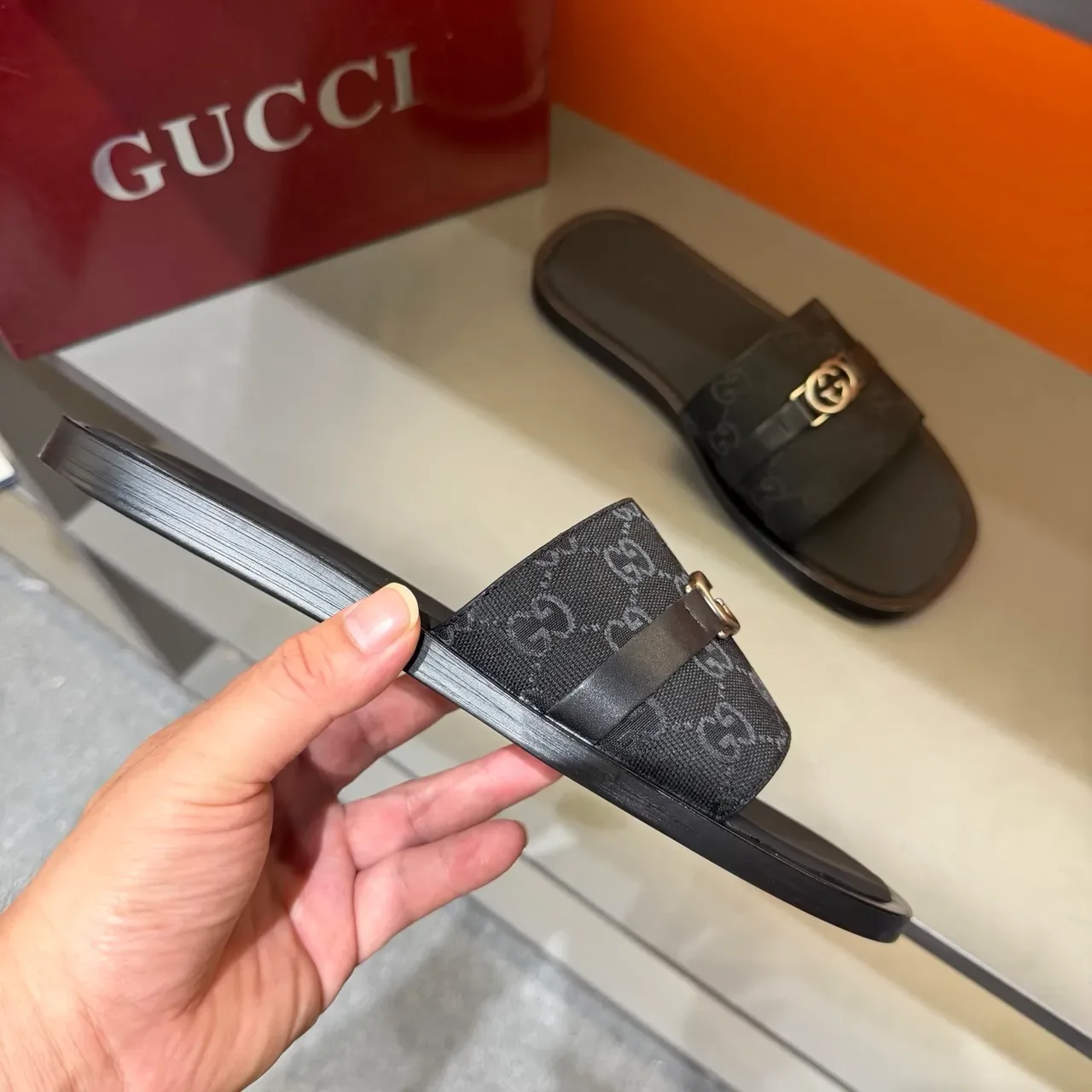 Gucci Black Beige GG Monogram Canvas Strap Interlocking G Metal Buckle Slippers 15