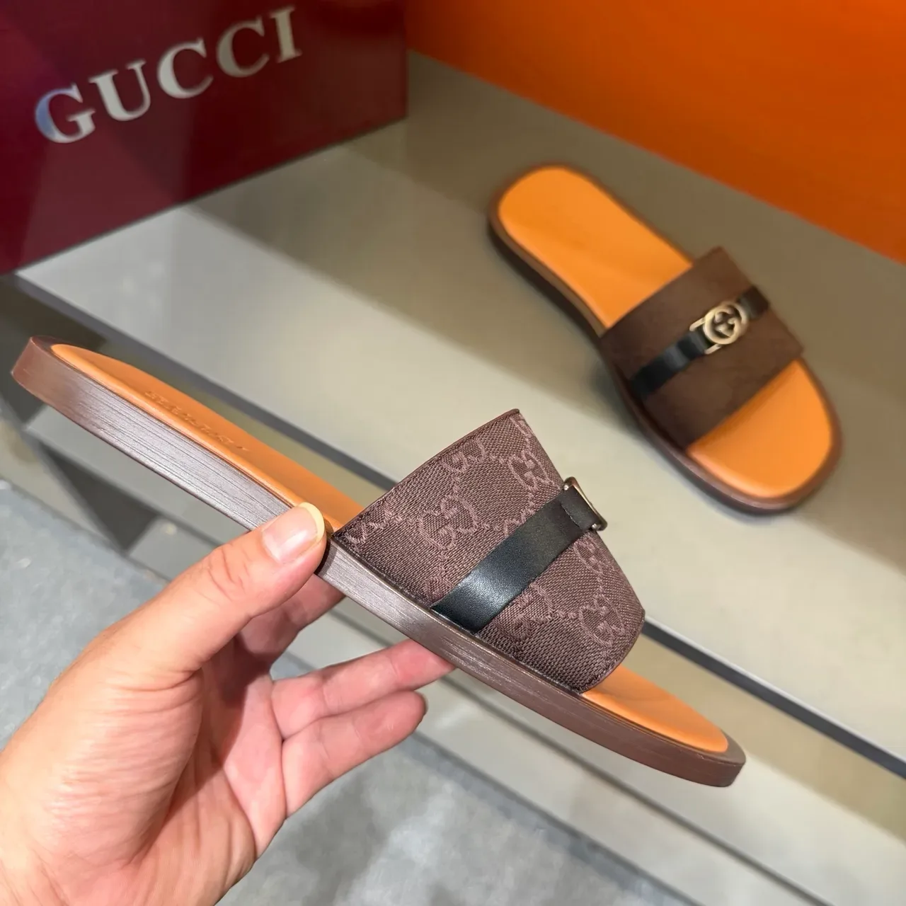 Gucci Black Beige GG Monogram Canvas Strap Interlocking G Metal Buckle Slippers 16