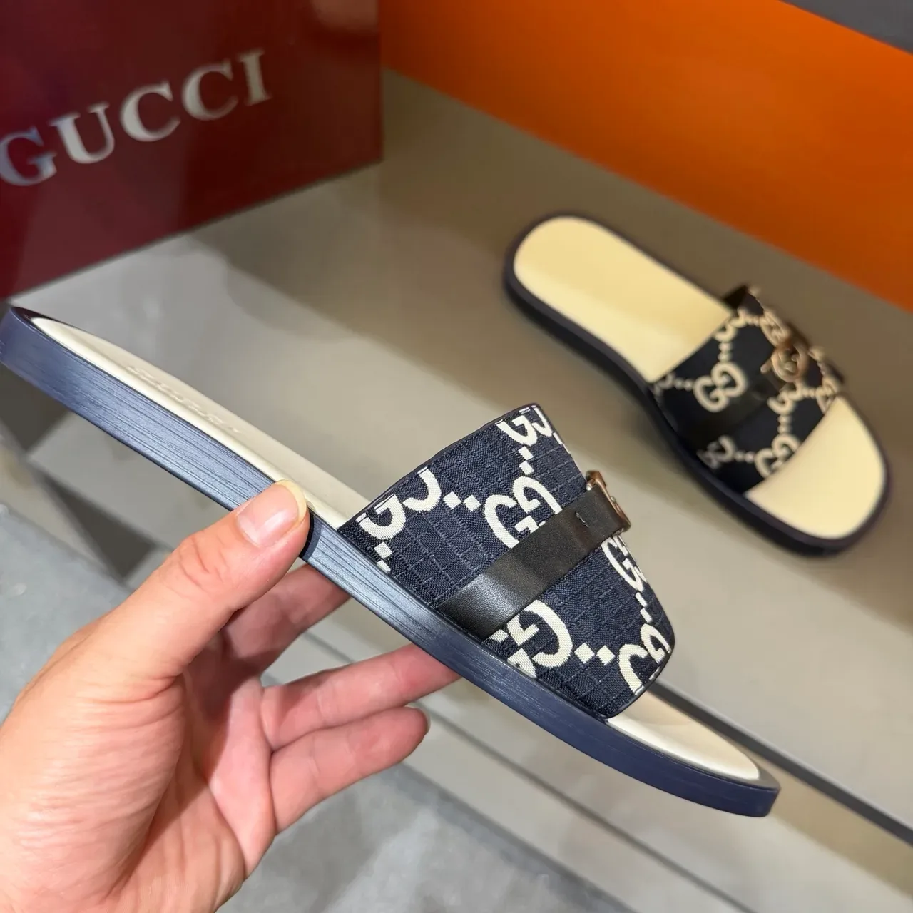 Gucci Black Beige GG Monogram Canvas Strap Interlocking G Metal Buckle Slippers 17