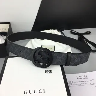 Gucci Black Gray GG Monogram Canvas Matte Interlocking G Buckle Leather Belt