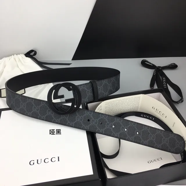 Gucci Noir Gris GG Monogramme Toile Mat Interlocking G Buckle Ceinture Cuir 2