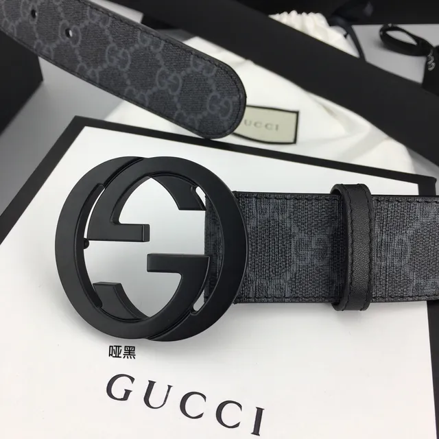 Gucci Noir Gris GG Monogramme Toile Mat Interlocking G Buckle Ceinture Cuir 3