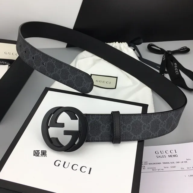 Gucci Noir Gris GG Monogramme Toile Mat Interlocking G Buckle Ceinture Cuir 4