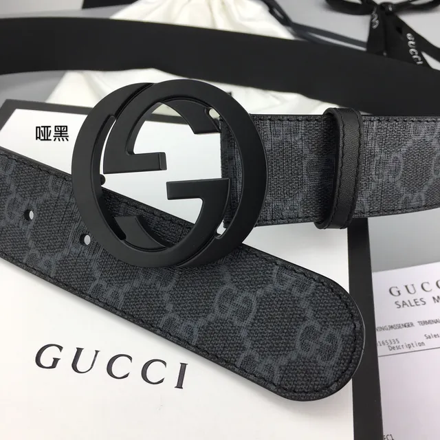 Gucci Noir Gris GG Monogramme Toile Mat Interlocking G Buckle Ceinture Cuir 5