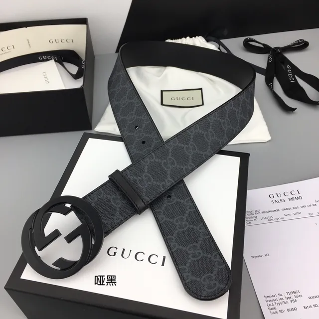 Gucci Noir Gris GG Monogramme Toile Mat Interlocking G Buckle Ceinture Cuir 6