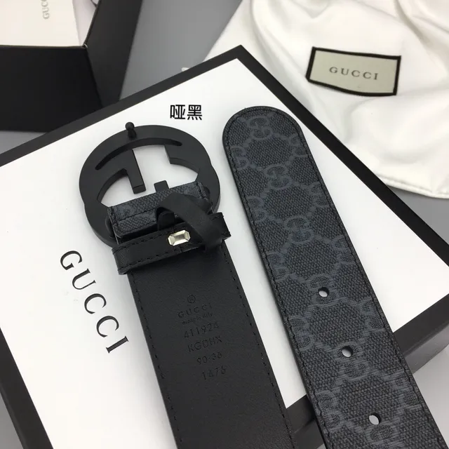 Gucci Noir Gris GG Monogramme Toile Mat Interlocking G Buckle Ceinture Cuir 8