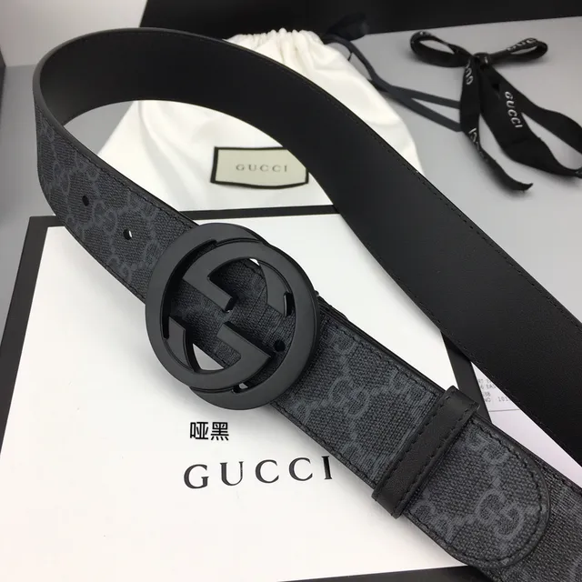 Gucci Noir Gris GG Monogramme Toile Mat Interlocking G Buckle Ceinture Cuir 9