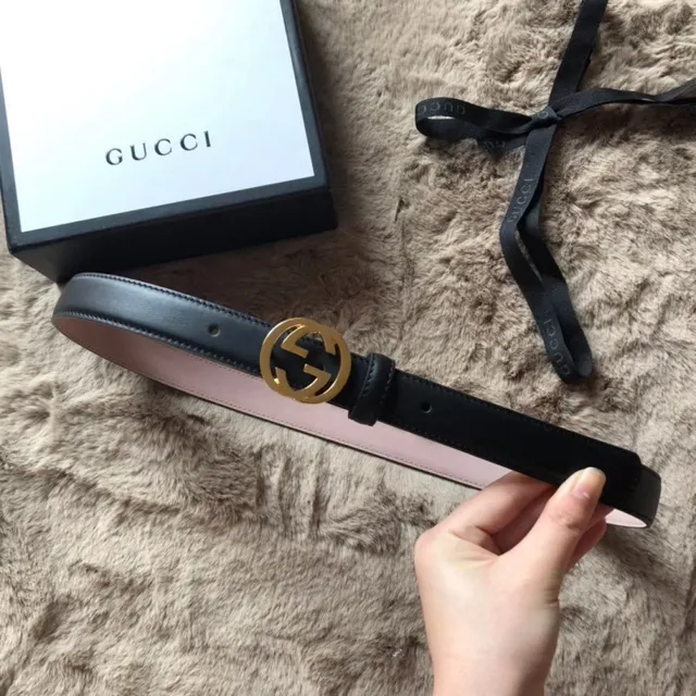 Gucci Black Pink Reversible Gold-Tone Interlocking G Buckle Leather Belt 15