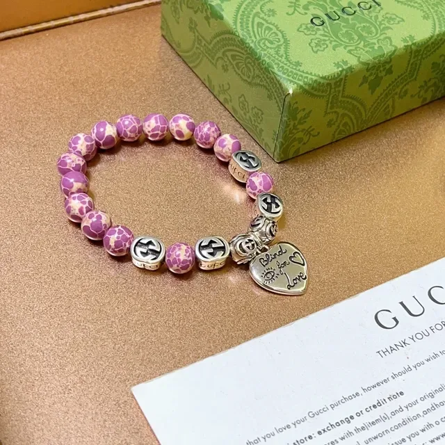 Gucci Blind for Love Pink Silver Beaded Stretch Marbled Resin Bracelet 2