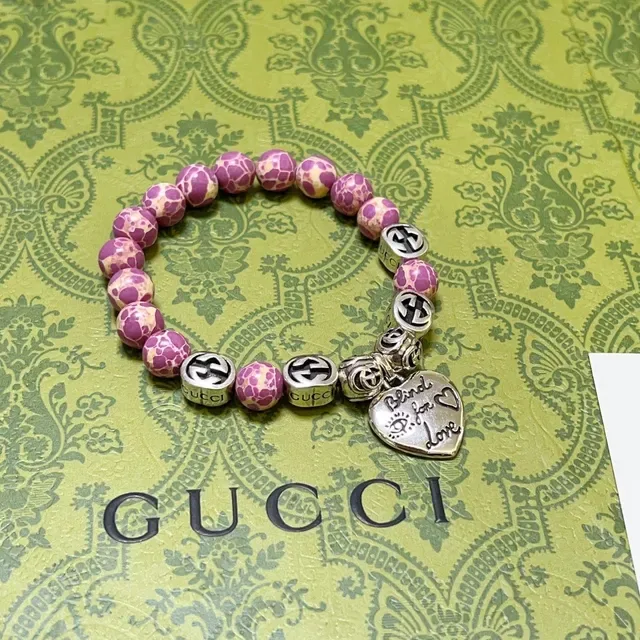 Gucci Blind for Love Pink Silver Beaded Stretch Marbled Resin Bracelet 3