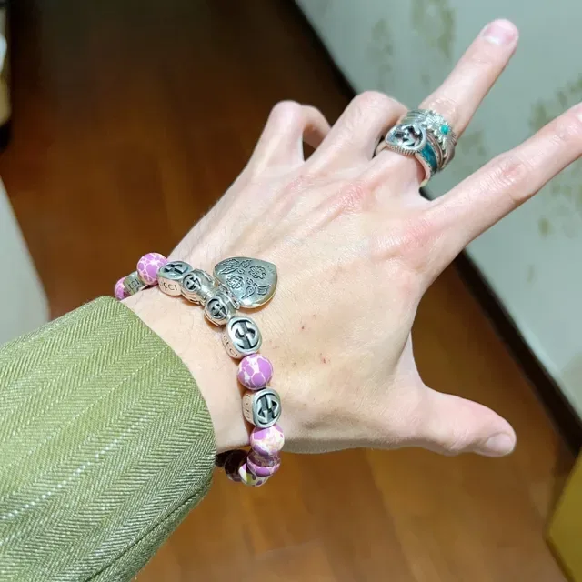Gucci Blind for Love Pink Silver Beaded Stretch Marbled Resin Bracelet 4
